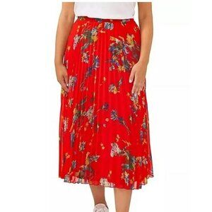 Vince Camuto Midi Skirt Size XS Pleated Elastic Waist Fireball Floral Red Boho